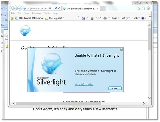 screenshot 2: Silverlight installer reports that Silverlight is already installed