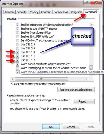 screenshot showing details of Internet Options and TLS checkboxes