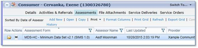 screenshot:  showing consumer's assessment list